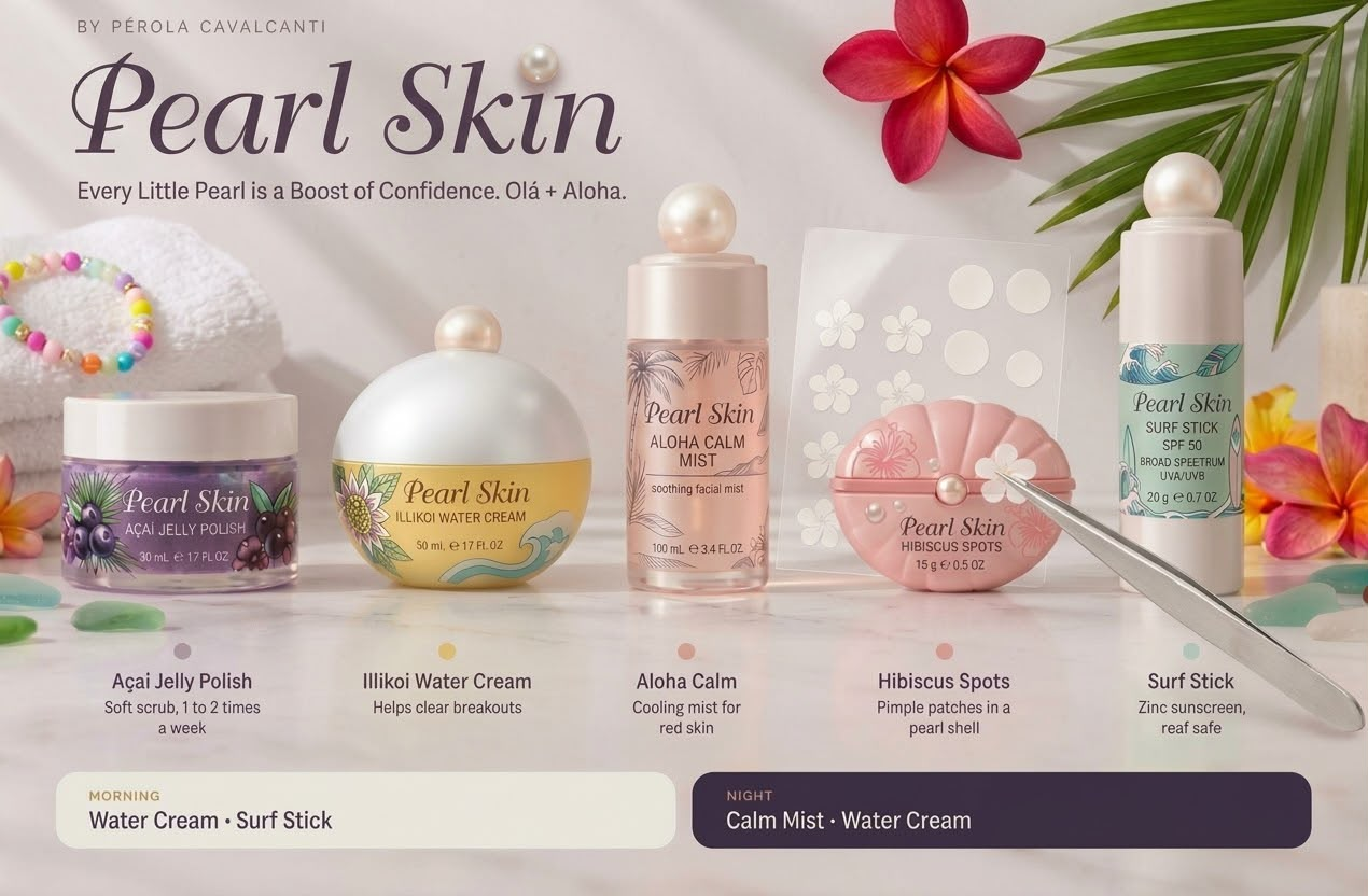 The Pearl Skin range: Açaí Jelly Polish, Illikoi Water Cream, Aloha Calm Mist, Hibiscus Spots pimple patches in a pearl shell, and Surf Stick SPF 50 sunscreen